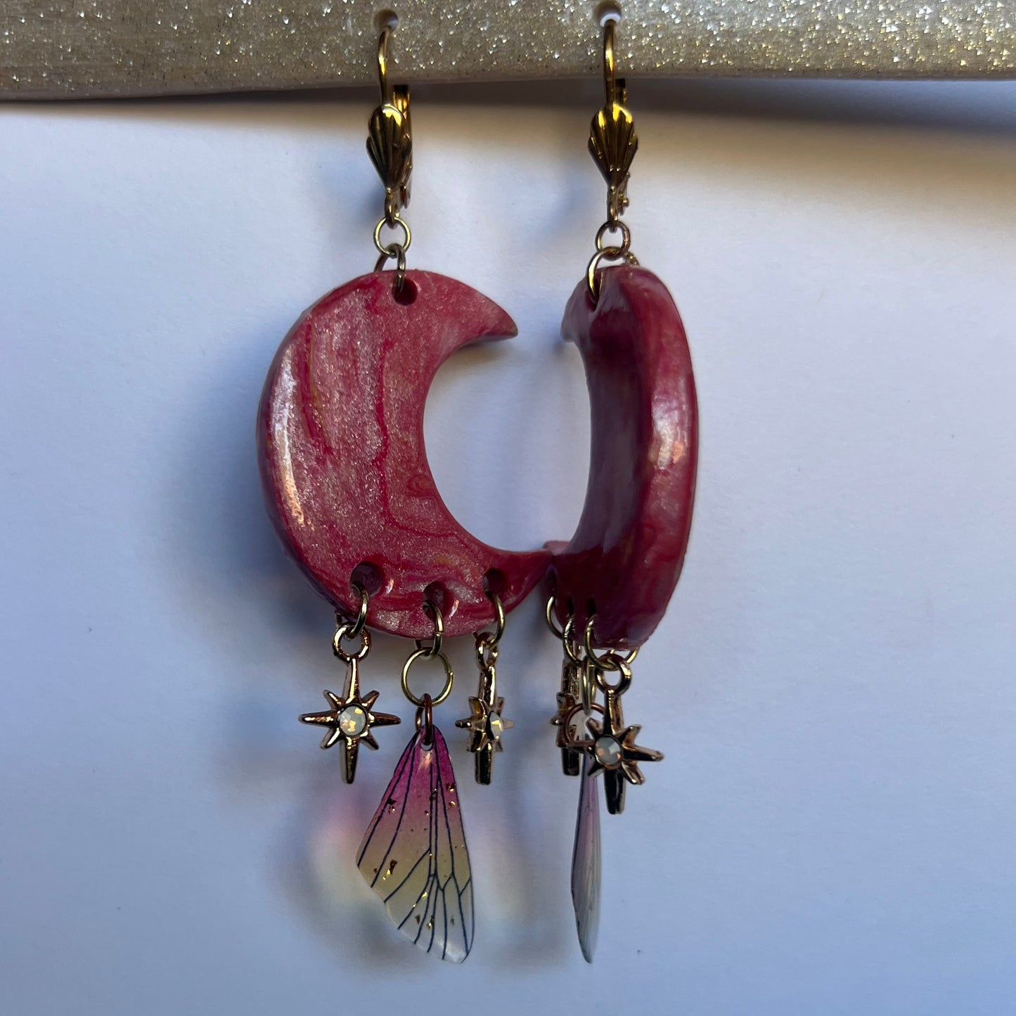 Marbled Pink Crescent Moon Earrings