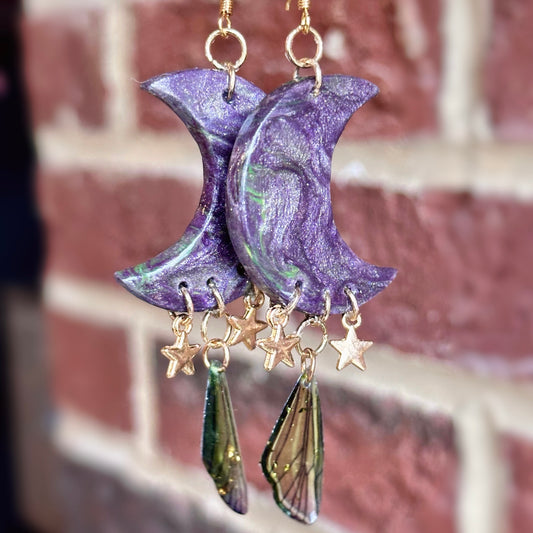 Mystery Pair of Crescent Moon Earrings with Butterfly Wing Accessories