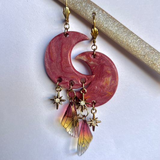 Marbled Pink Crescent Moon Earrings