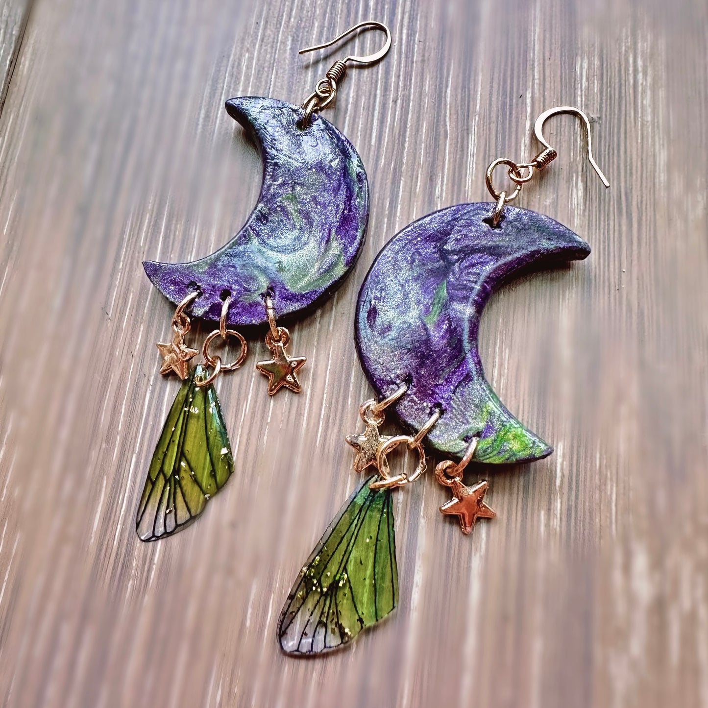 Mystery Pair of Crescent Moon Earrings with Butterfly Wing Accessories